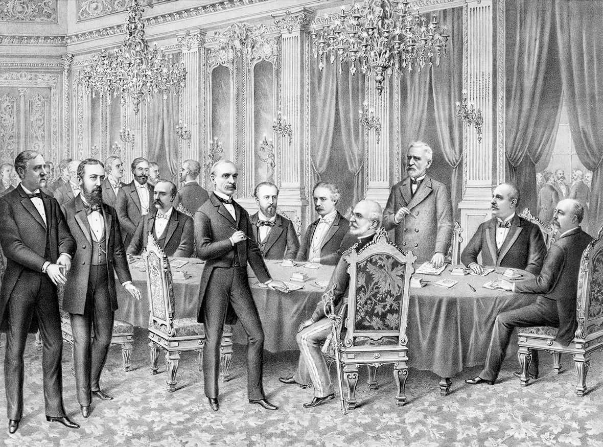 Black and white artwork depicting several men in suits deliberating in an ornate room