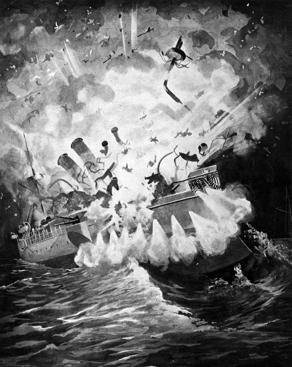 Painting in black and white depicting a ship exploding in the water